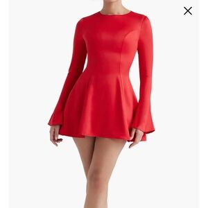 House of CB Sacha Bell Sleeve Satin Skater Dress Red Mini Dress